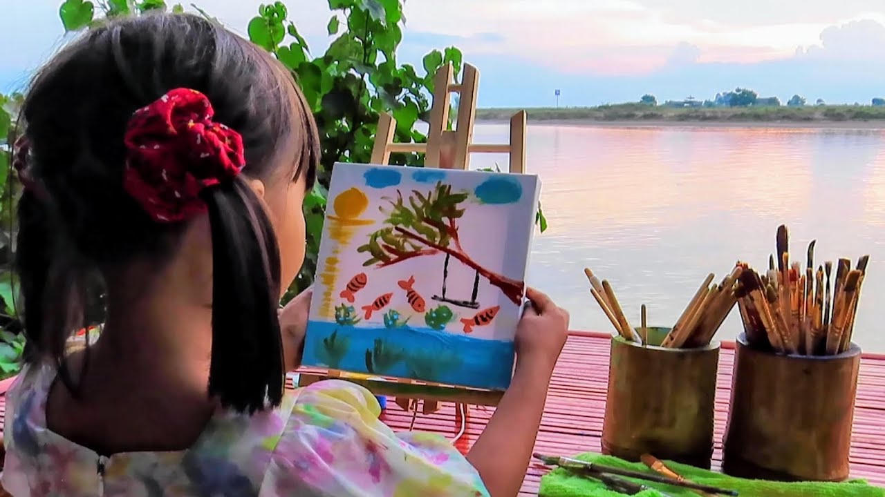 5-year-old kid artist painting a fish, tree & Sun while singing┃Acrylic canvas painting┃Mia Mai Art