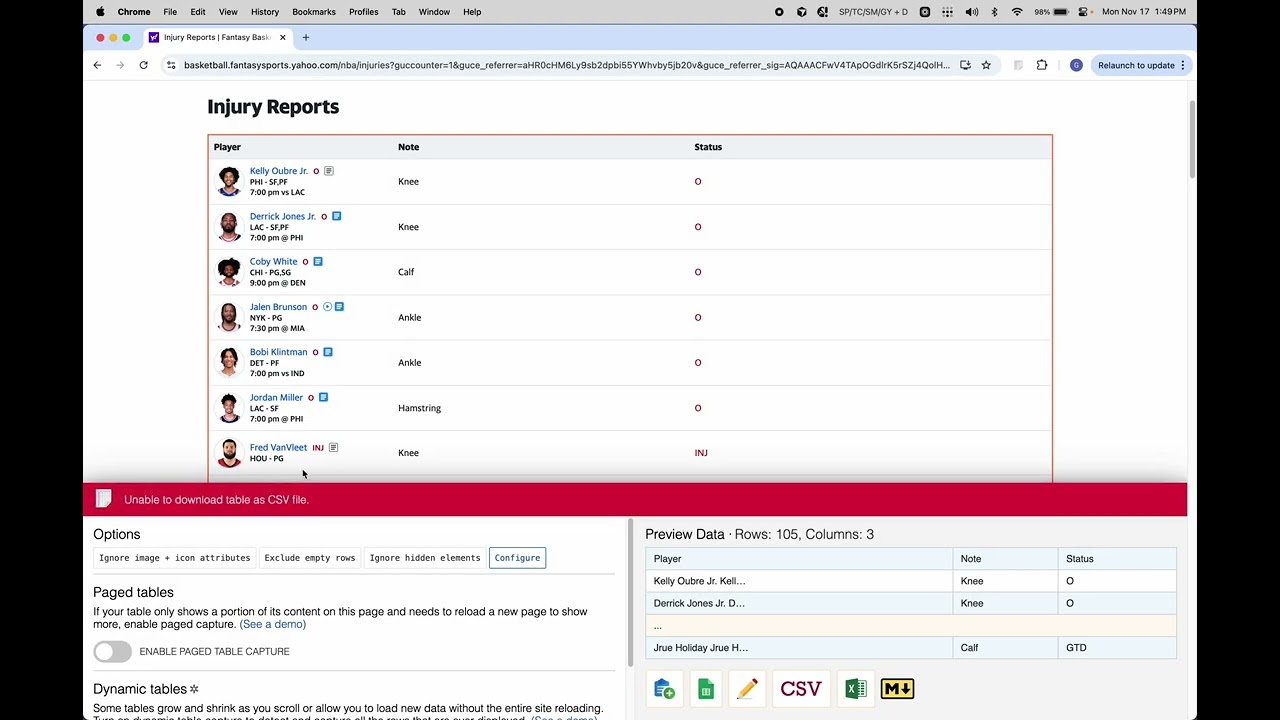 Table Capture - Improving downloads on Yahoo Fantasy Pages