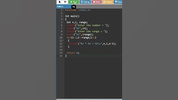 multiplication table up to a range using for loop #short