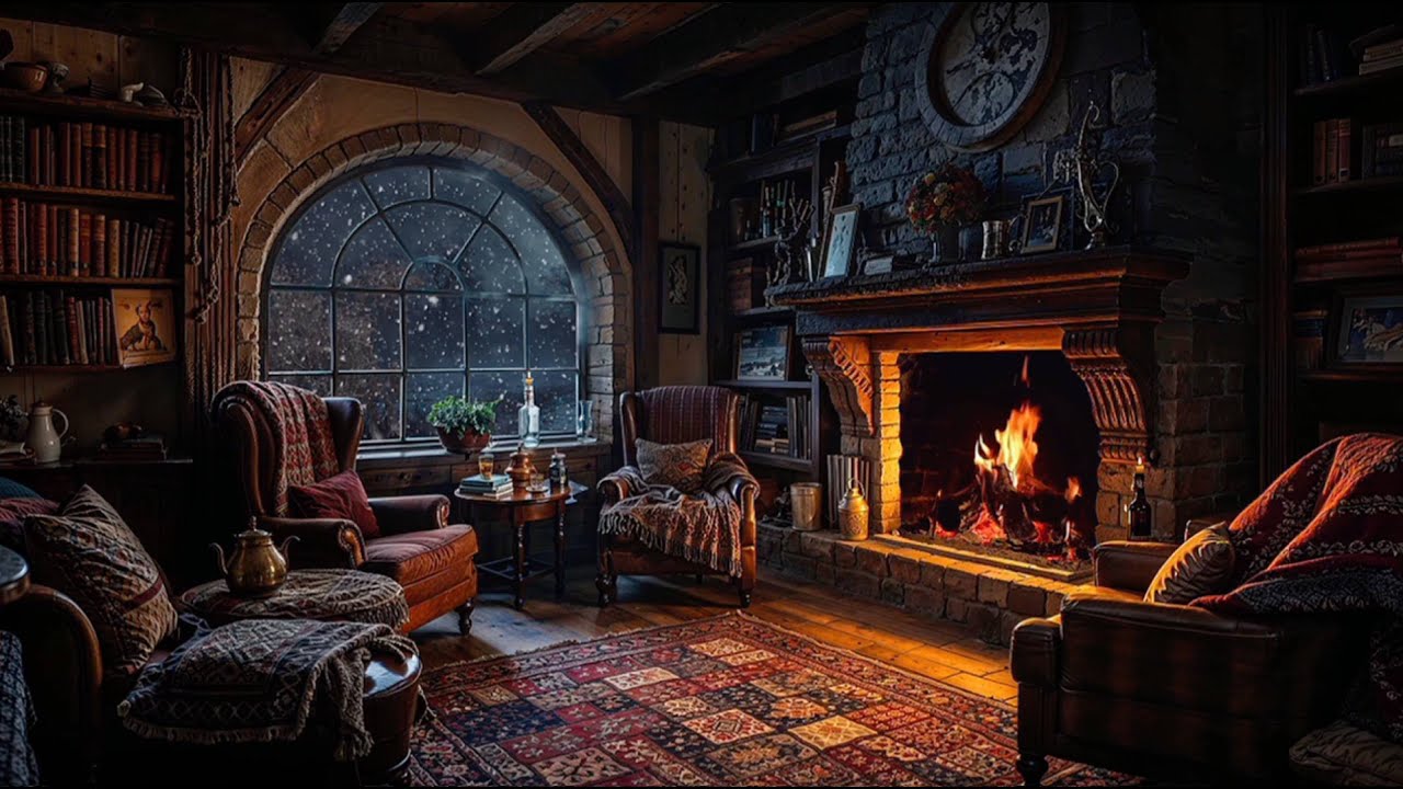 Blizzard Snow Storm & Fireplace Ambience ❄️ Heavy Snowfall & Howling Wind for Relax, Sleep & Study
