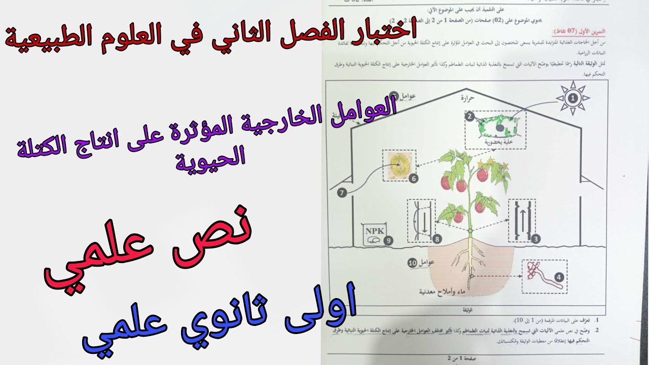 اختبار الفصل الثاني في العلوم الطبيعية للسنة الاولى ثانوي علمي حول العوامل الخارجية المؤثرة على انتا