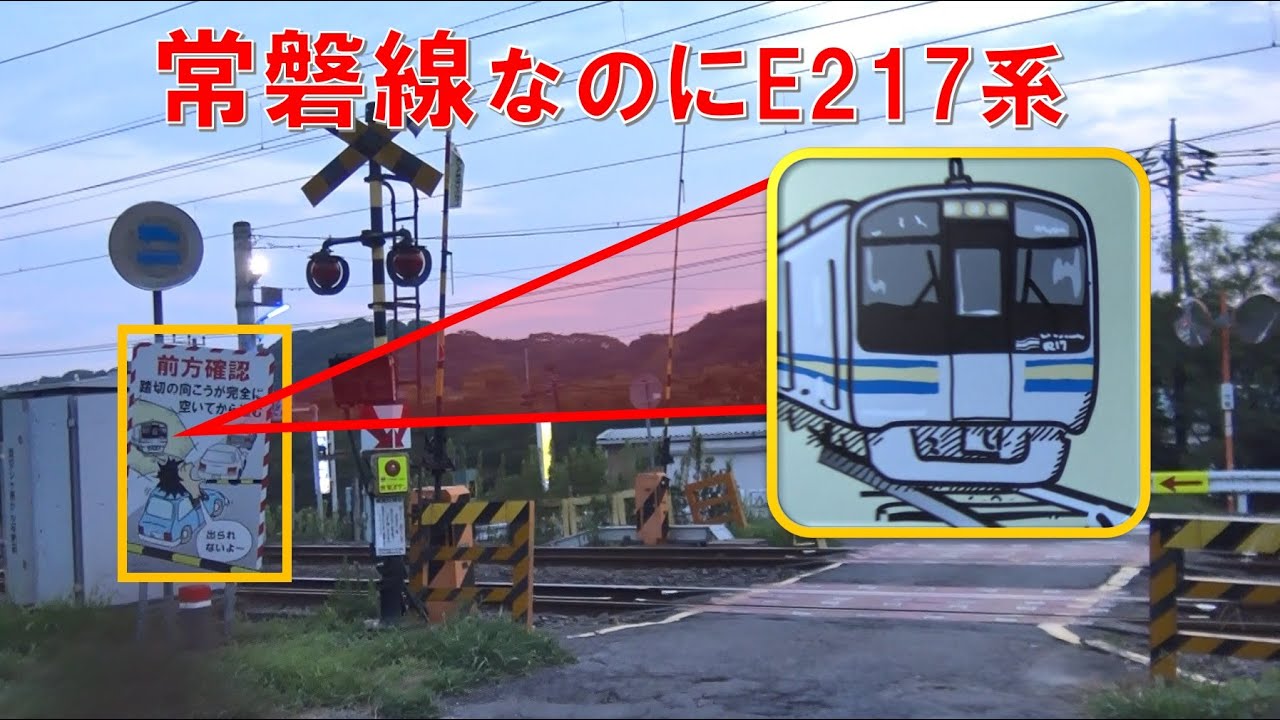 常磐線の踏切なのにE217系で注意書き看板の列車を描いている銅像山踏切 