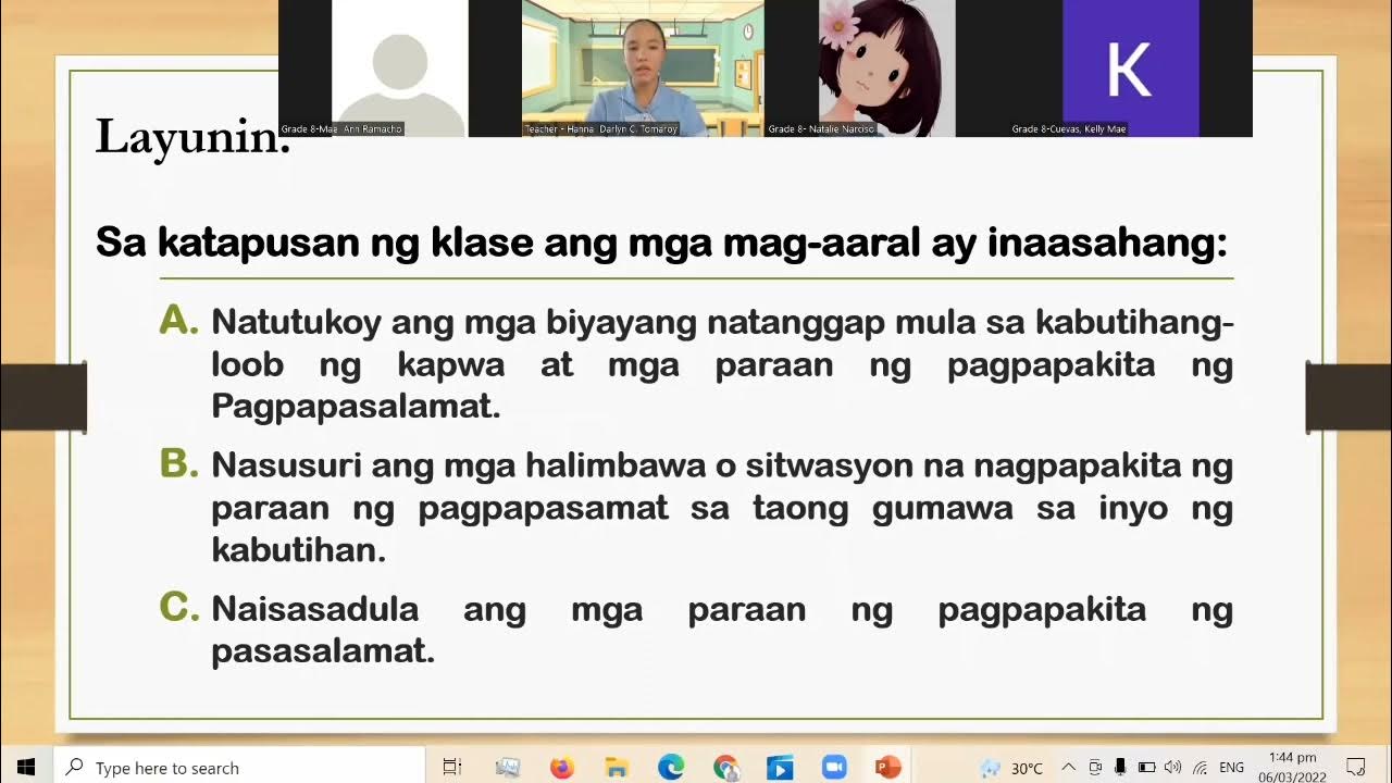 Online Teaching Demonstration Sa Esp 8 Modyul 9 Pasasalamat Sa