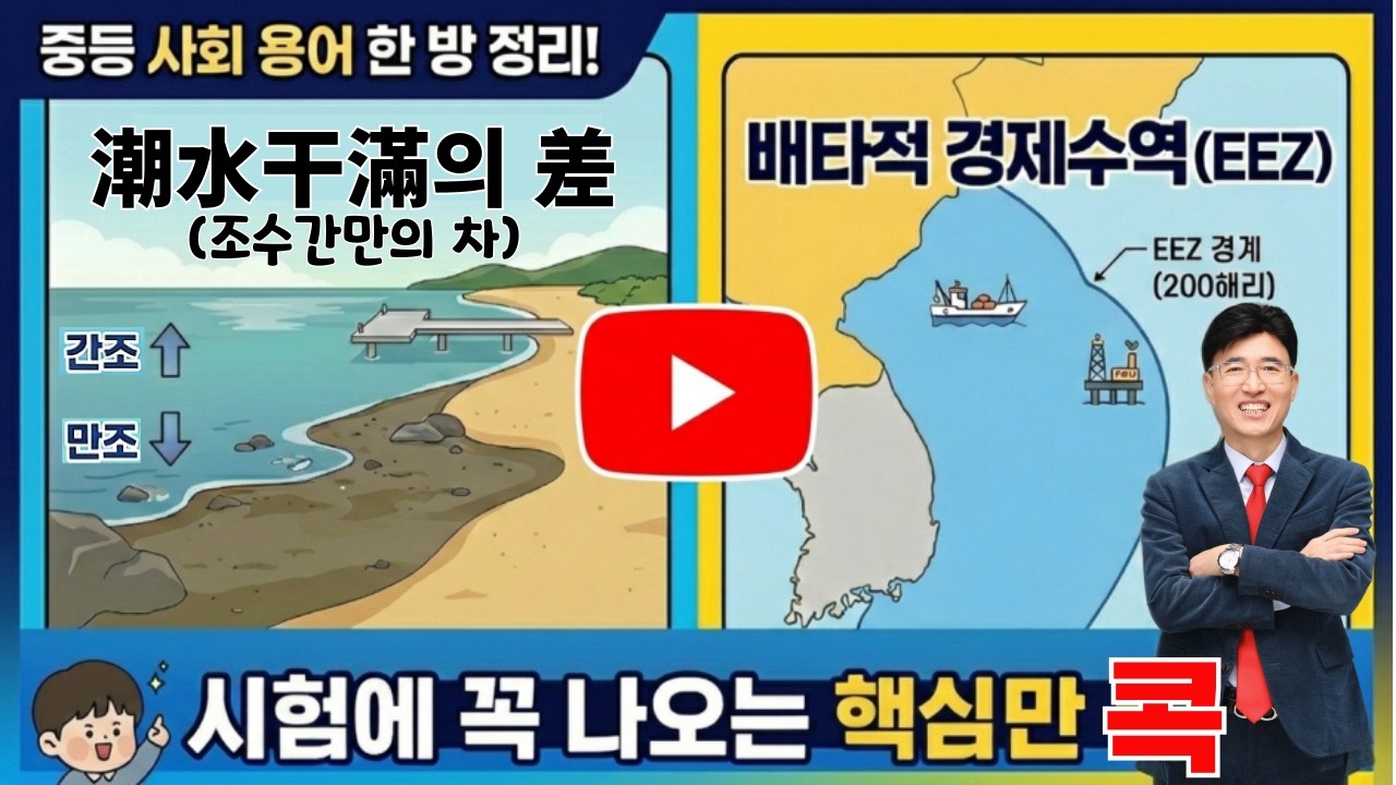 한자공부 한자학습법 바로 외워지는 암기과목 용어해설-중등 사회 潮水干滿(조수간만)의 差(차) : 썰물과 민물의 차이 / 排他的(배타적) 경제수역 : 200해리 = 약 370km