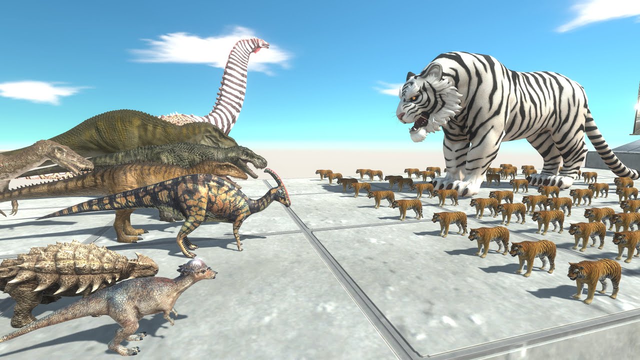 Carnivore and Herbivore Dinosaur Survival Simulation vs Tiger Army Led by the White Tiger