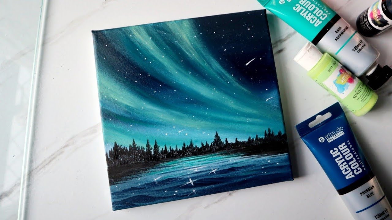 Mini Canvas Painting, Gift Aesthetic Northern Lights Canvas