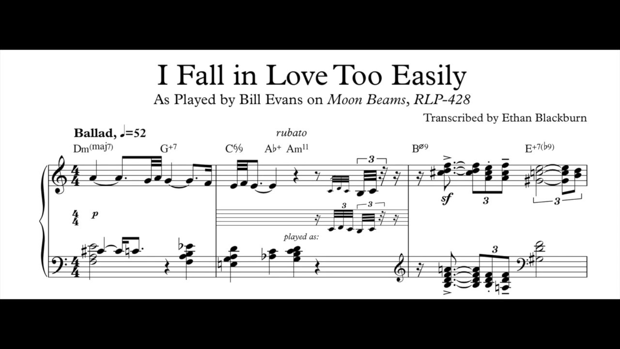 Песня too love is. I Fall in Love too easily Ноты. Bill Evans Emily Ноты. Beautiful Love Bill Evans песня Ноты. In April for Nenette Bill Evans Lyrics.