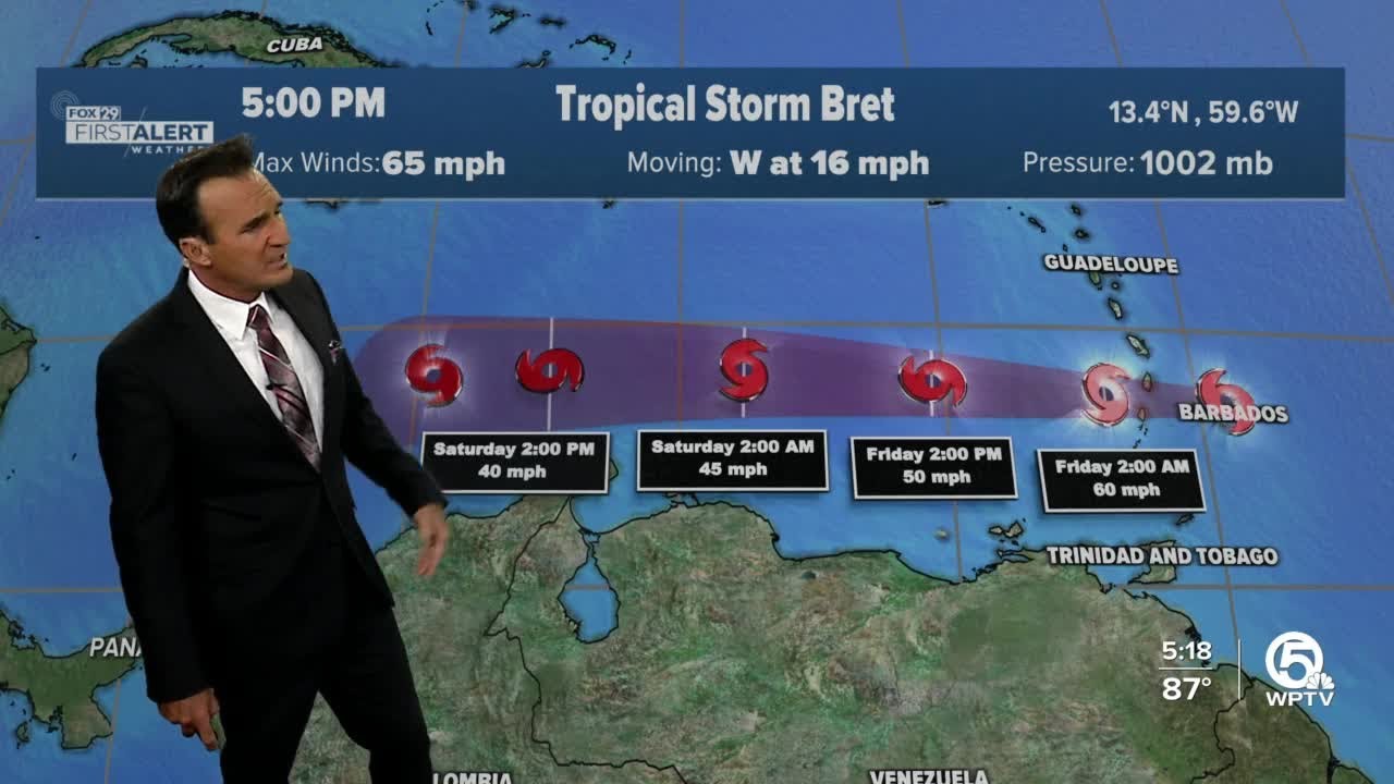 Tropical Storm Bret nears Barbados with 65 mph winds