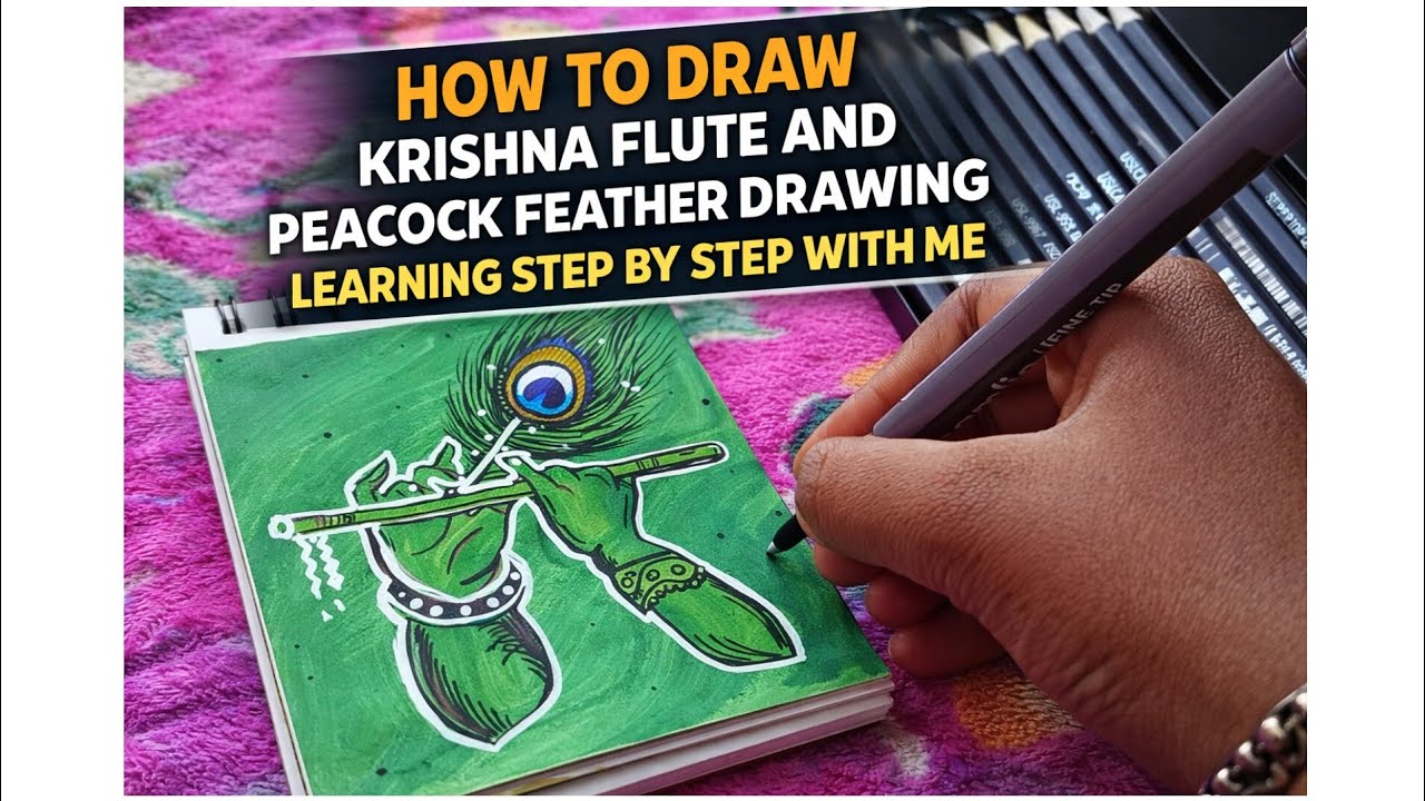 How to draw Krishna flute and peacock🪈🍃 feather drawing 
