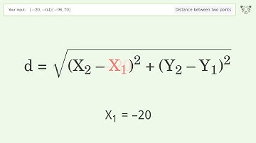 Find the distance between two points p1 (-20,-64) and p2 (-98,70): Step-by-Step Video Solution