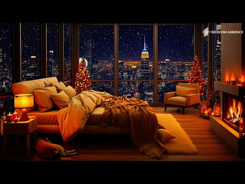 Cozy Bedroom Ambience with Relaxing Piano Jazz Music 🎄 Soft Jazz Music, Snowy, Fireplace to Sleep