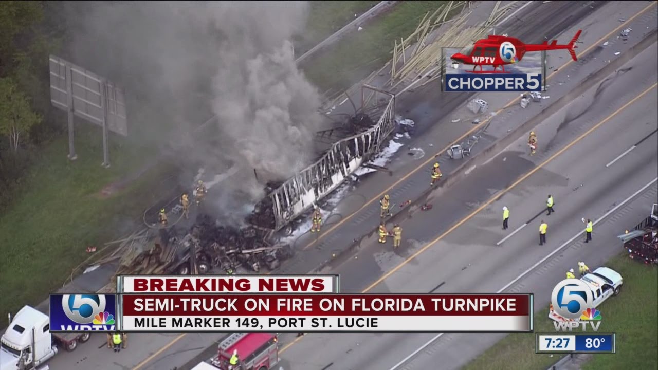 Semi fire closes Florida's Turnpike in St. Lucie County - YouTube