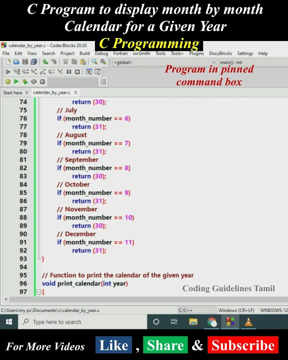Display Month by Month Calendar for a Given Year | #short | C Program ...