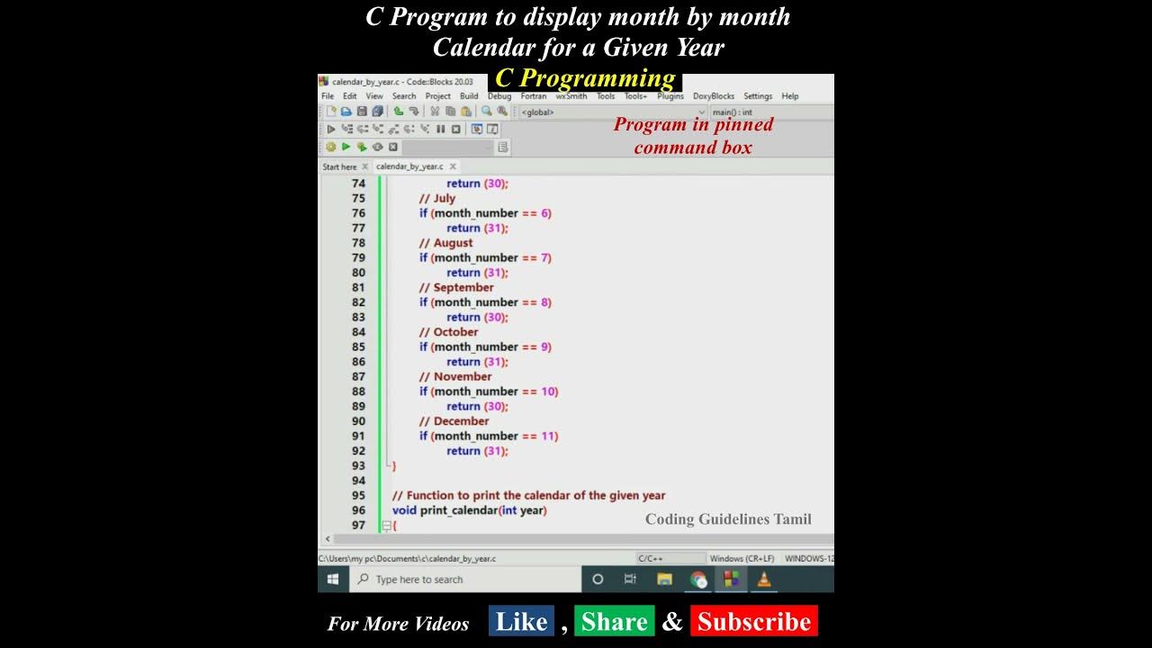Display Month by Month Calendar for a Given Year | #short | C Program ...