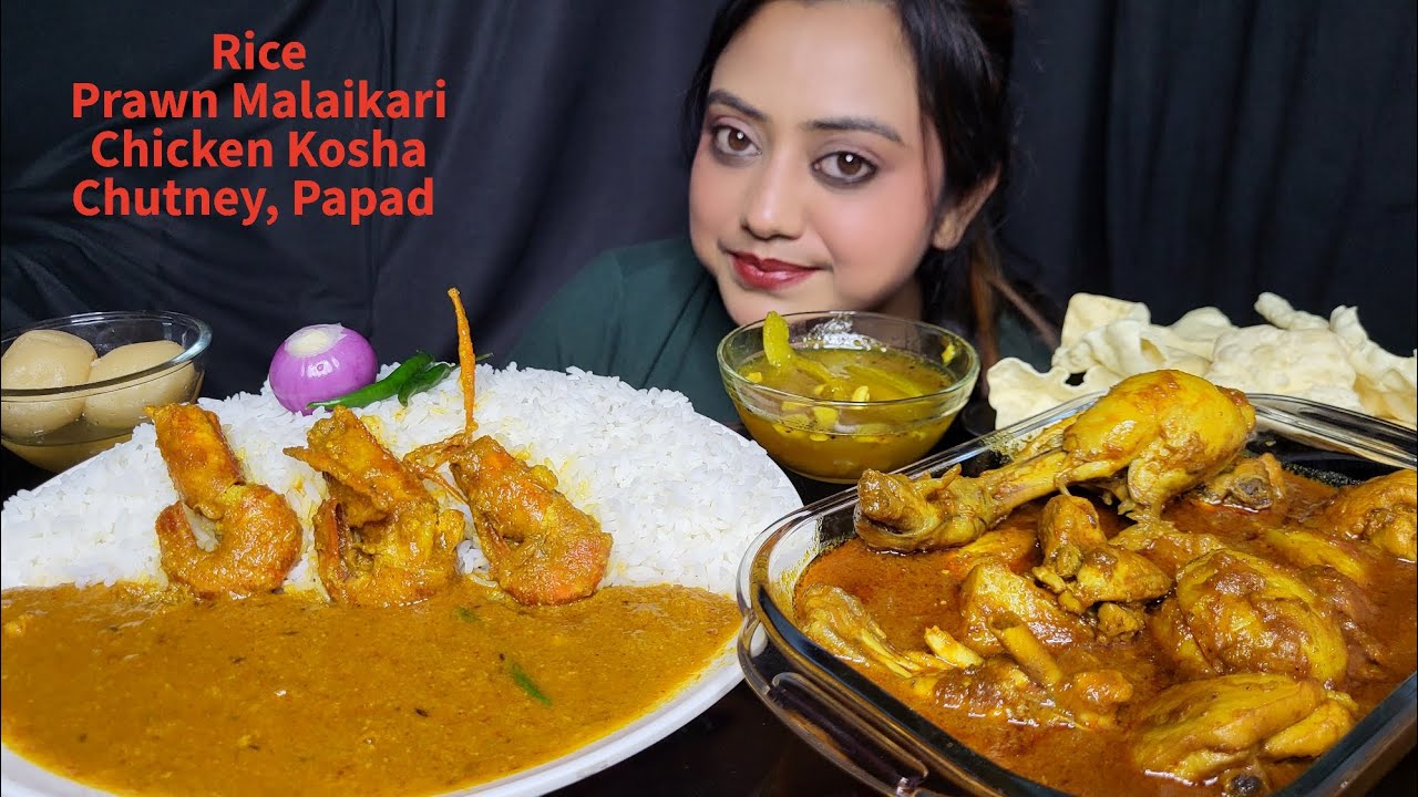 ASMR EATING Rice, Prawn Malaikari, Chicken kosa, Mango 🥭 Chatni, Papar | Mukbang | Big Bites 