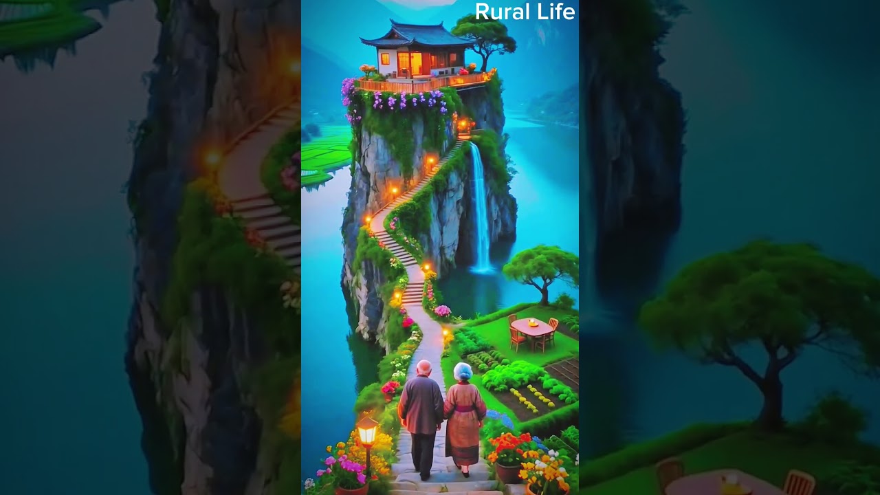 An elderly couple walks up a winding staircase to a small gabled house perched on a rocky hill