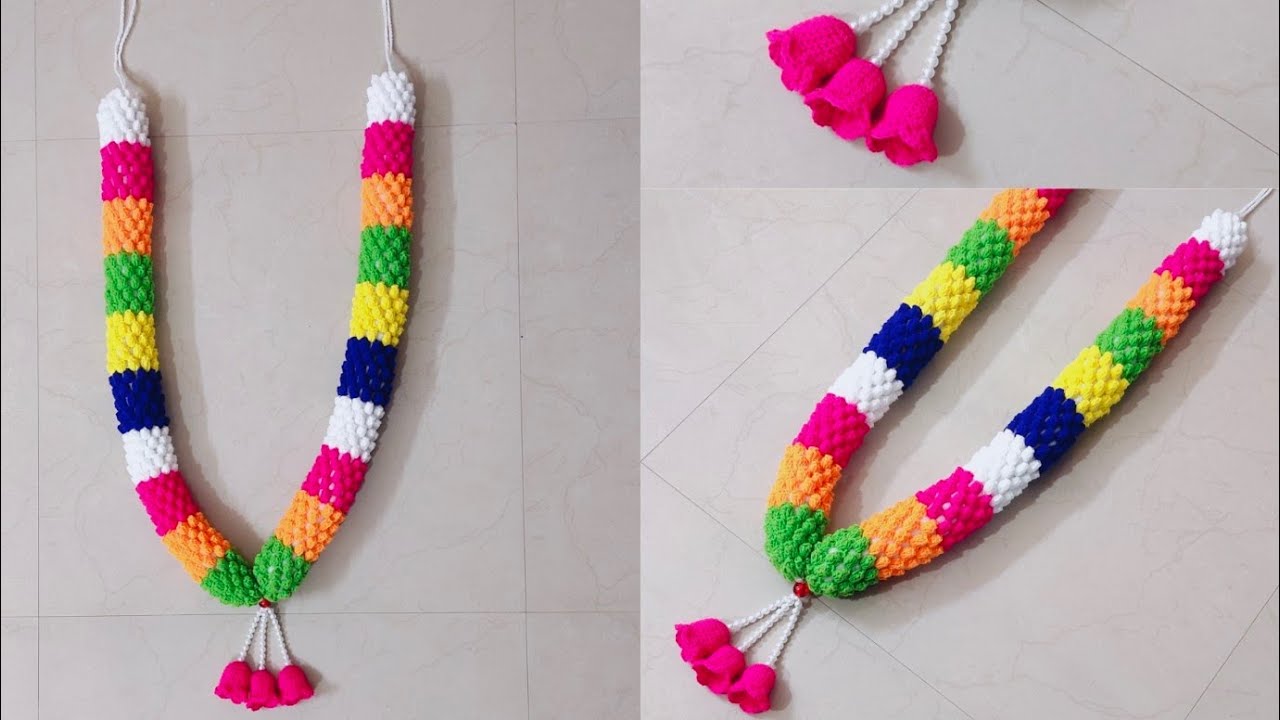 உல்லன் பூ மாலை/crochet garland/crochet malai/how to make woolen malai/woolen gajira/crochet gajira