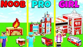 Minecraft Battle: NOOB vs PRO vs GIRL: FIRE STATION BUILD CHALLENGE / Animation