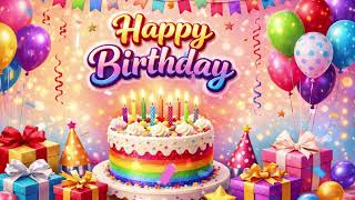 Bright & Joyful Rainbow Cake Happy Birthday Celebration Festive Balloons, Gifts & Sparkles
