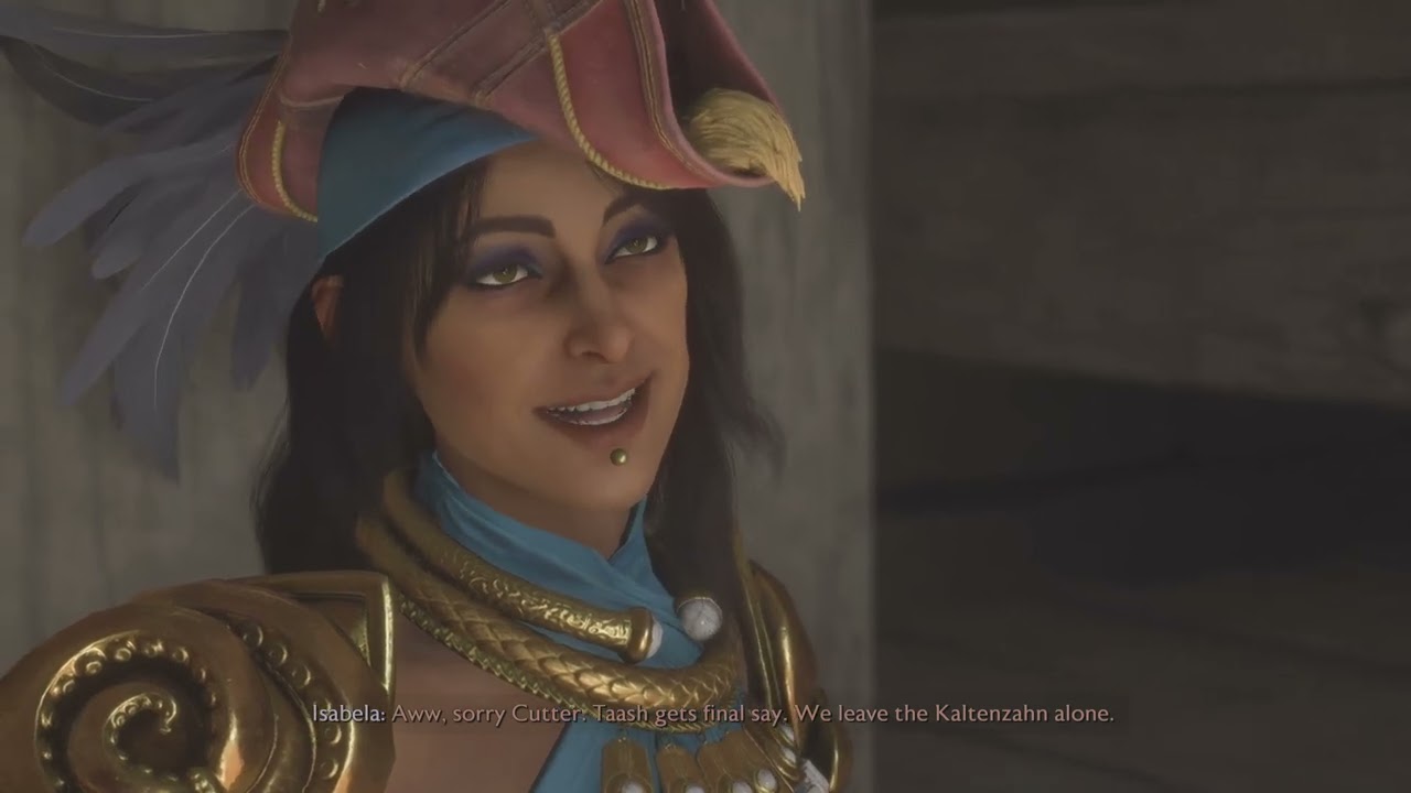 Dragon Age: The Veilguard Taash having drinks with Isabella