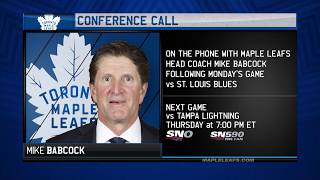 Mike babcock addresses the media after monday's game.