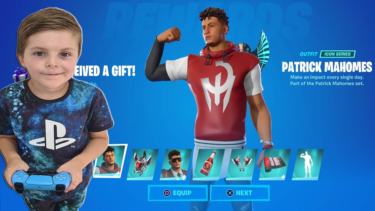 GIFTING My 8 Year Old Kid NEW PATRICK MAHOMES Nfl Football Fortnite Skin Bundle. Unlocking MAHOMES