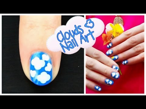 Clouds Nail Art. Cartoon Fluffy Clouds in Sunny Sky Nail Design for Beginners - Dotting Tool Only