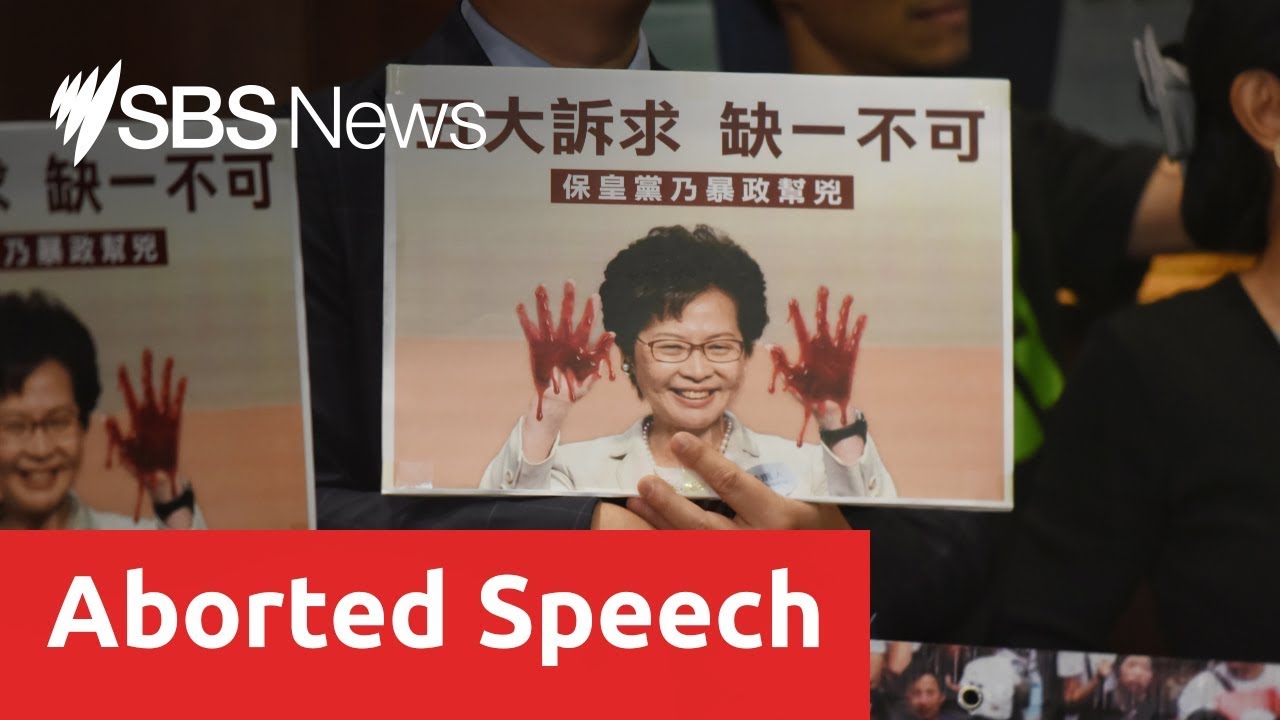 Protesters have disrupted a key policy speech by Hong Kong's Chief Executive, Carrie Lam
