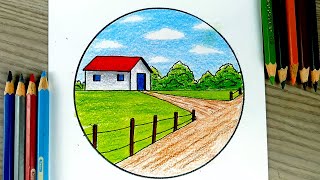 كيف ترسم منزل سهل خطوة بخطوة |  رسم منظر طبيعي بالالوان الخشبية rsm | رسم سهل | رسم بيت سهل وجميل