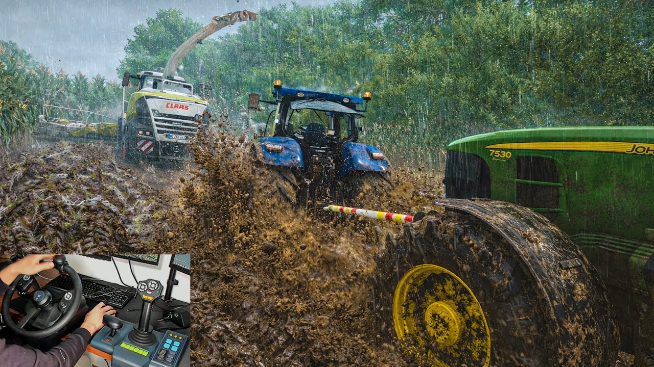 Буксировка застрявшего JD 7530 с фаркопом на глубоком грязном силосном поле | FS25 Hori gameplay