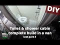 RV Toilet and shower cabin complete build in van conversion. Accordion door, toilet, light, paneling