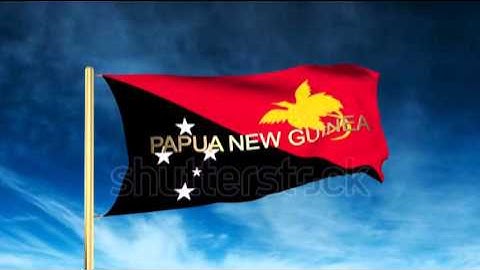 Papua New Guinea flag slider style with title. Waving in the wind with cloud background animation