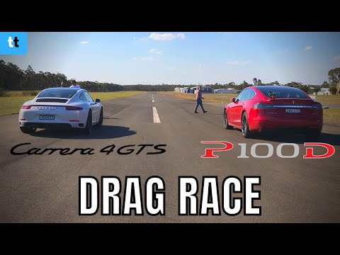 DRAG RACE: Tesla Model S P100d vs Porsche 911 Carrera 4 GTS