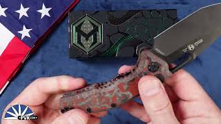 Heretic Knives Medusa Auto, Magnacut Tanto DLC Blade, Blood Red Camo Carbon Handle
