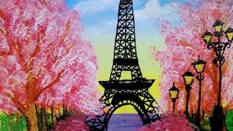springtime cherry blossom trees and Eiffel tower painting /Step by step tutorial for beginners 2022