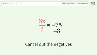 Linear equation with one unknown: Solve 5x=8x-75 step-by-step solution