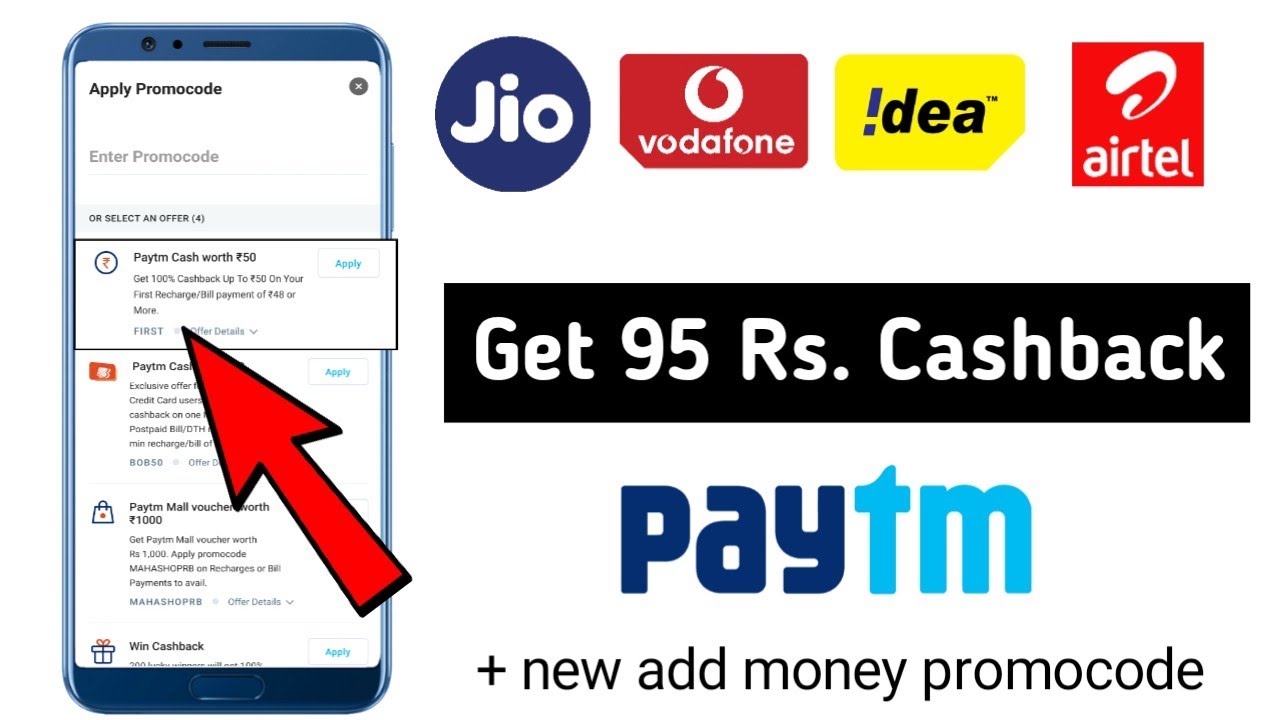 Get Rs. 95 Cashback On Recharge In Paytm || Paytm New Recharge And Add Money Promocode 2020