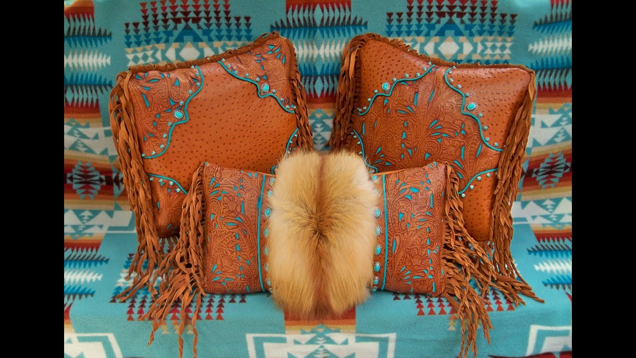 Saddle Tan & Turquoise Pillows With Red Fox Fur