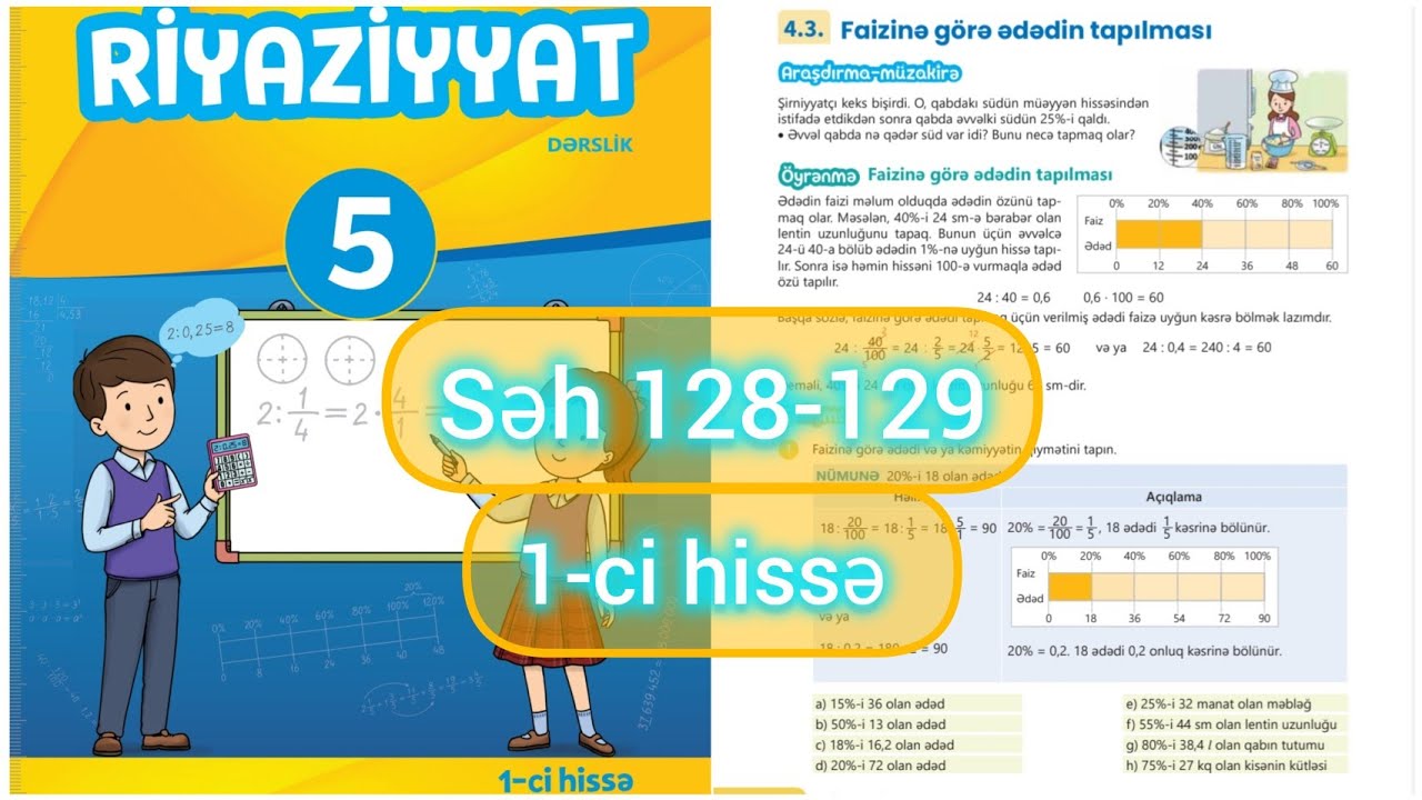5-ci sinif Riyaziyyat dərslik səh 128,129. 1-ci hissə.  Faizinə görə ədədin tapılması