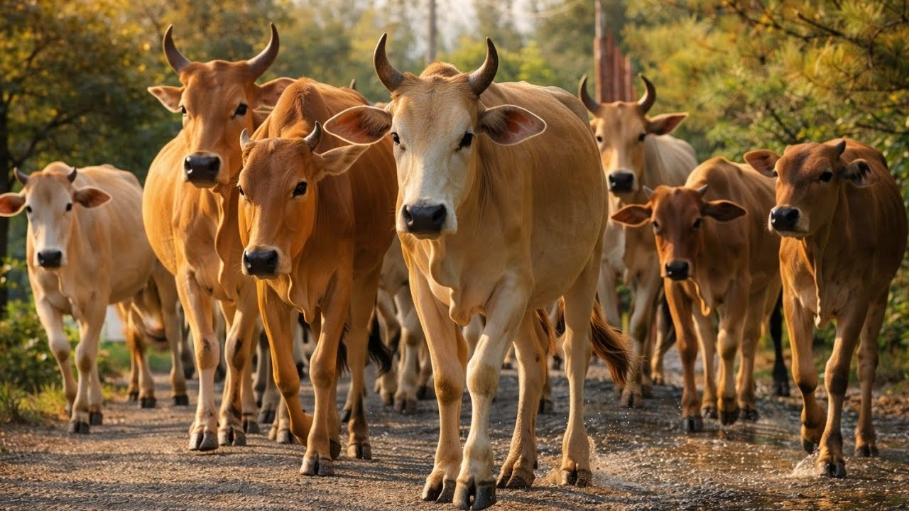 Herding a group of tame, strong, and fat cows in the late afternoon while crossing a bridge