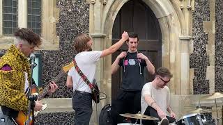 NEW: The Big Push jamming Come Together (Beatles) while Josh,Josh buys new strings! Brighton Busking