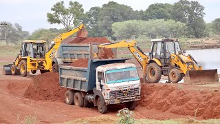 2 JCB 3dx Backhoe Loading Pond Murum in Tata 2518 Truck and John Deere Tractor