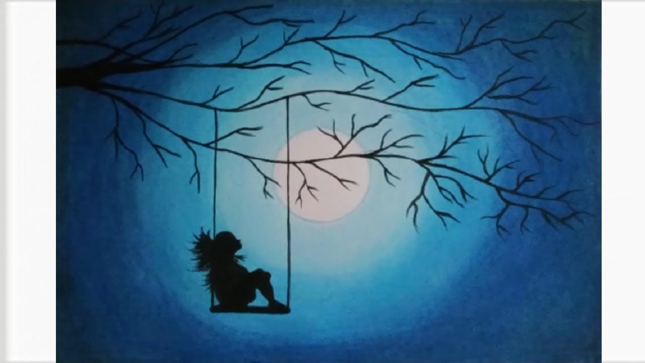 Moonlight Night Scenery Drawing With Oil Pastels - In this drawing