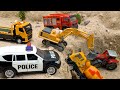 Police car excavator and fire truck rescue tractor cement mixer truck  funny stories about toy car