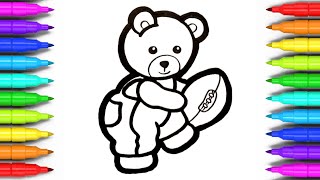 Teddy Bear with Football Drawing and Coloring for Kids, Toddlers | How to Draw a Teddy Bear for Kids