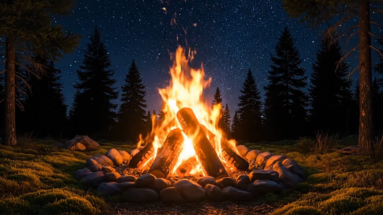 Starry Night Pine Forest – Crackling Campfire Ambience