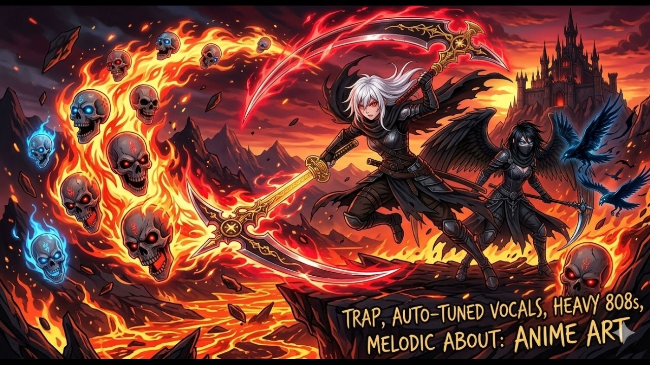 Fire Reaper at Sunset/rap, Cinematic trap with auto-tuned male vocals, soaring melodic hooks.