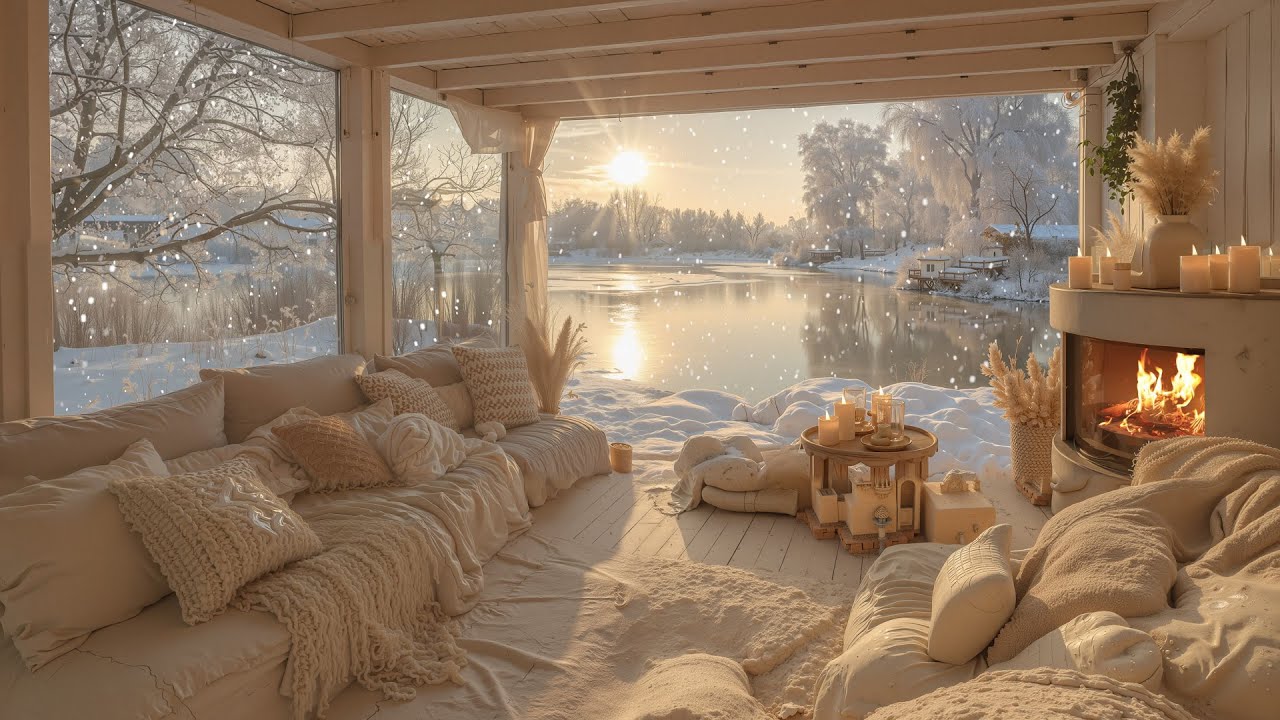 Peaceful Winter Cabin by the Lake ❄️ Soft Piano & Crackling Fireplace for Calm & Focus