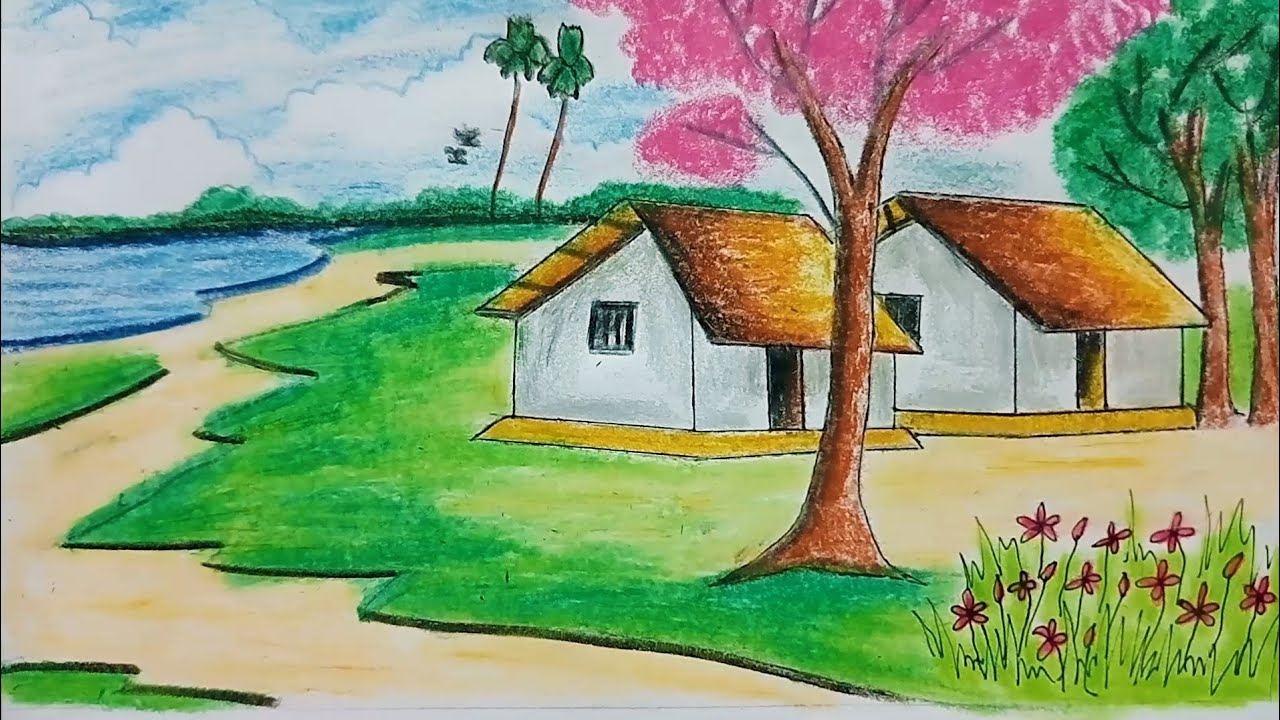 How to draw a village houses scenery step by step/how to draw landscape ...