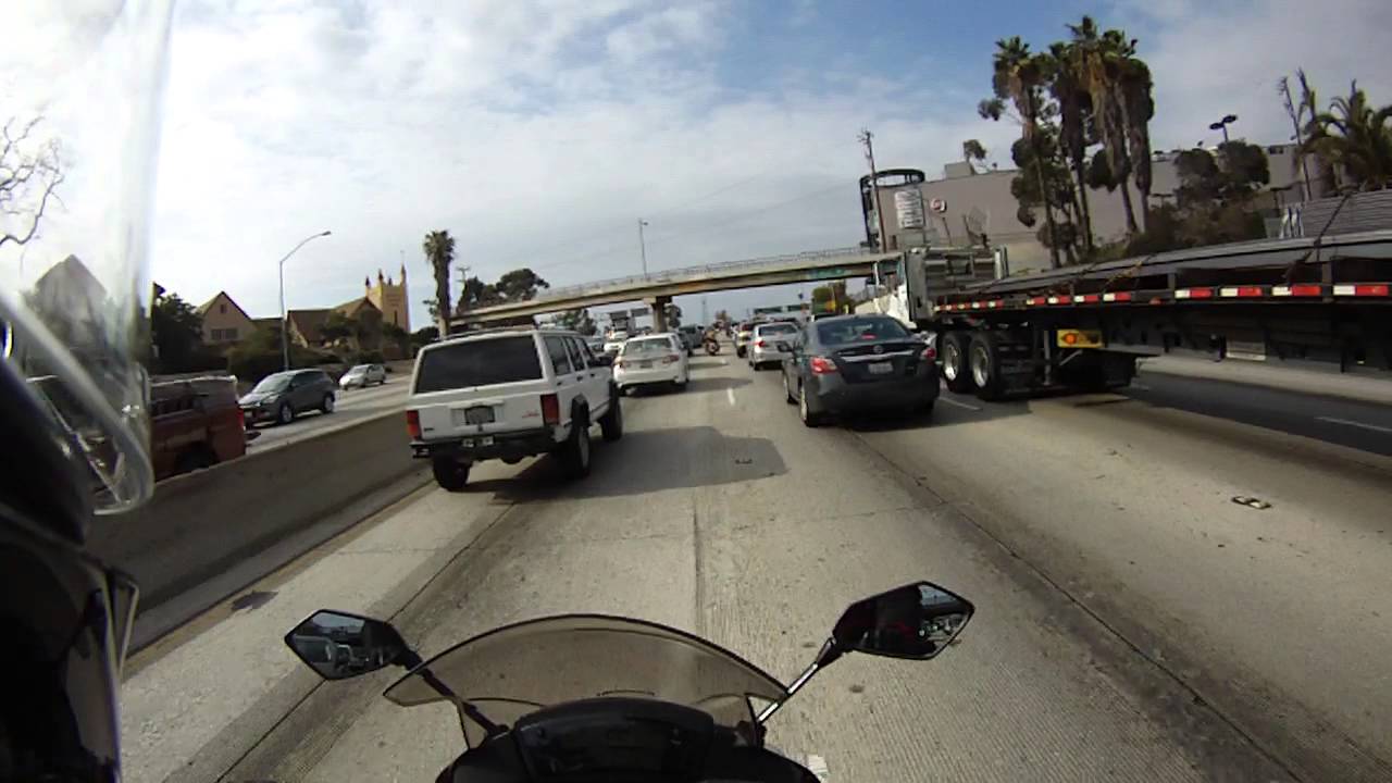 from LAX to Pasadena, 105 E to 110 N, lane splitting evening rush hour